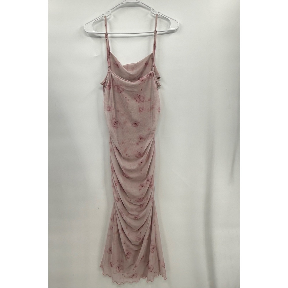 SHEIN‎ L Rose Floral Mesh Cowl Neck Ruched Midi Dress W  Pink Romantic Aesthetic - Picture 7 of 9